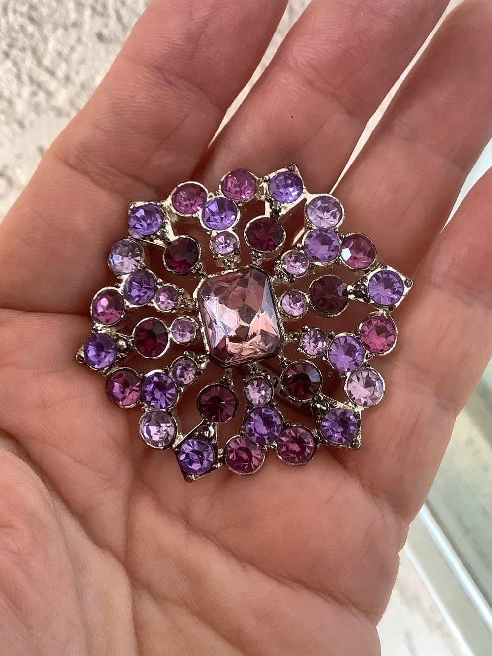 Liz Claiborne Silver tone Purple Crystal 2.25” Brooch